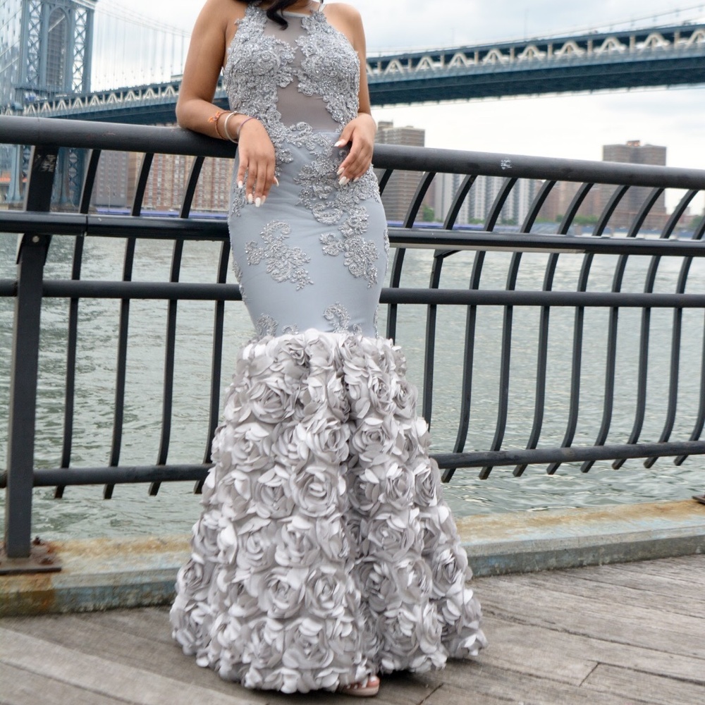 Custom Low Back Silver Appliqué Prom Dress
